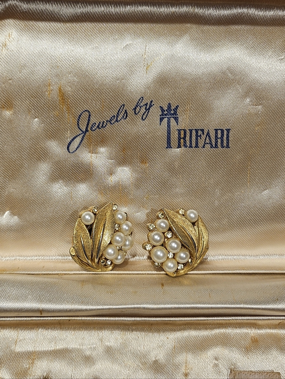 Estate Jewelry Trifari Gold-Tone Leaf Clip-On Earrings with Faux Pearls